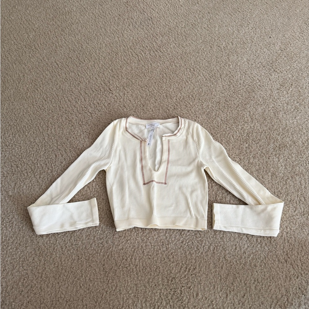 Altar'd State Cream Ribbed Long-Sleeve Top with Pink Contrast Trim